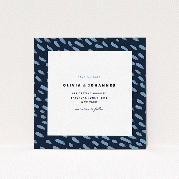A wedding save the date card template titled "Blue strokes". It is a square (148mm x 148mm) card in a square orientation. "Blue strokes" is available as a flat card, with tones of blue and white.