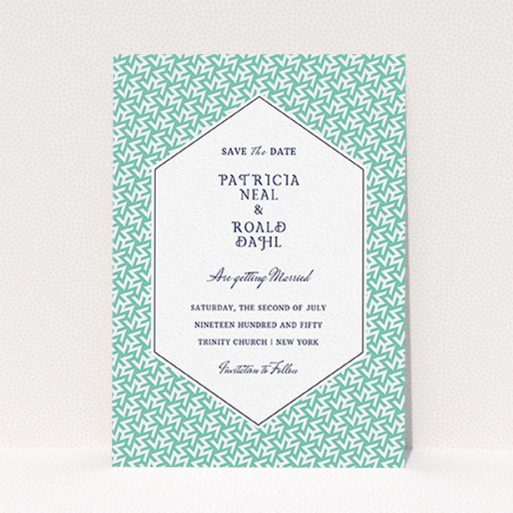 Wedding Save The Date Card Design - "Born in the 80s" A wedding save the date card design titled "Born in the 80s". It is an A6 card in a portrait orientation. "Born in the 80s" is available as a flat card, with tones of green and white.
