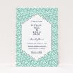 A wedding save the date card design titled "Born in the 80s". It is an A6 card in a portrait orientation. "Born in the 80s" is available as a flat card, with tones of green and white.