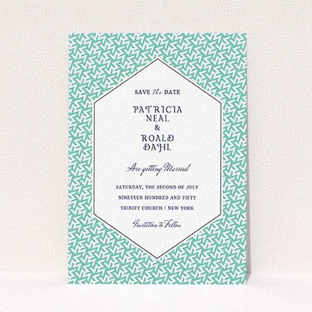 A wedding save the date card design titled "Born in the 80s". It is an A6 card in a portrait orientation. "Born in the 80s" is available as a flat card, with tones of green and white.