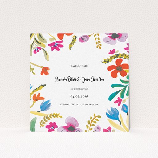 Wedding Save The Date Card Design - "Botanical Pop" A wedding save the date card named "Botanical Pop". It is a square (148mm x 148mm) card in a square orientation. "Botanical Pop" is available as a flat card, with tones of white and red.
