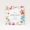 A wedding save the date card named "Botanical Pop". It is a square (148mm x 148mm) card in a square orientation. "Botanical Pop" is available as a flat card, with tones of white and red.
