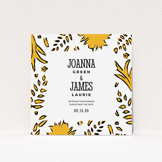 A wedding save the date card design named "Botanical tiger". It is a square (148mm x 148mm) card in a square orientation. "Botanical tiger" is available as a flat card, with mainly orange colouring.
