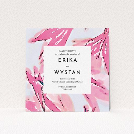 Wedding Save The Date Card Design - "By the river bank" A wedding save the date card design titled "By the river bank". It is a square (148mm x 148mm) card in a square orientation. "By the river bank" is available as a flat card, with tones of vibrant pink and green.