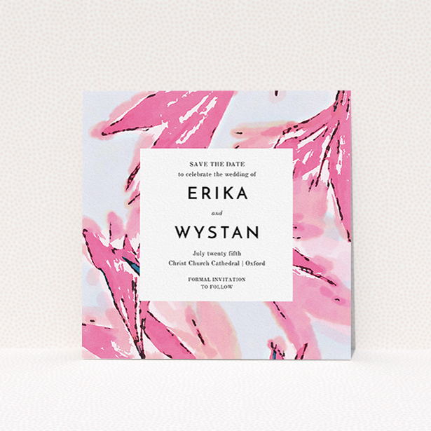 A wedding save the date card design titled "By the river bank". It is a square (148mm x 148mm) card in a square orientation. "By the river bank" is available as a flat card, with tones of vibrant pink and green.