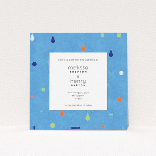 Wedding Save The Date Card Design - "Capri" A wedding save the date card design called "Capri". It is a square (148mm x 148mm) card in a square orientation. "Capri" is available as a flat card, with tones of light blue and orange.