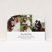 A wedding save the date card named "Cheek by Jowl". It is an A5 card in a landscape orientation. It is a photographic wedding save the date card with room for 4 photos. "Cheek by Jowl" is available as a flat card, with mainly white colouring.