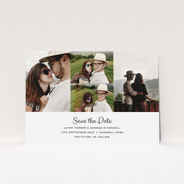 A wedding save the date card named "Cheek by Jowl". It is an A5 card in a landscape orientation. It is a photographic wedding save the date card with room for 4 photos. "Cheek by Jowl" is available as a flat card, with mainly white colouring.