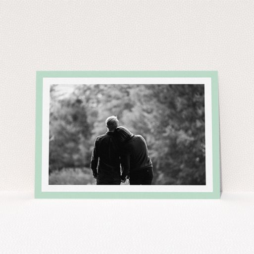 Wedding Save The Date Card Design - "Classic Mint Photo Frame" A wedding save the date card template titled "Classic Mint Photo Frame". It is an A5 card in a landscape orientation. It is a photographic wedding save the date card with room for 1 photo. "Classic Mint Photo Frame" is available as a flat card, with tones of green and white.