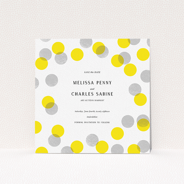 A wedding save the date card called "Cork Stamps". It is a square (148mm x 148mm) card in a square orientation. "Cork Stamps" is available as a flat card, with tones of white and yellow.