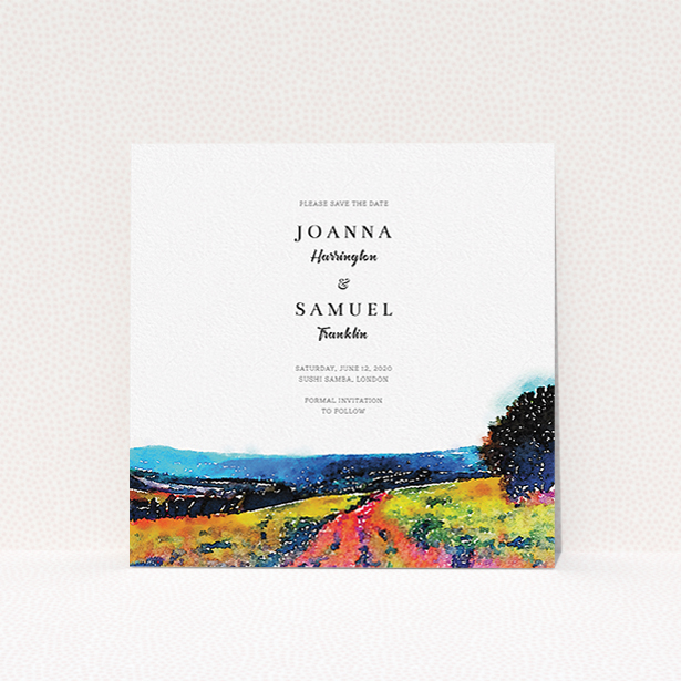 A wedding save the date card template titled "Country Road". It is a square (148mm x 148mm) card in a square orientation. "Country Road" is available as a flat card, with tones of white, orange and light blue.