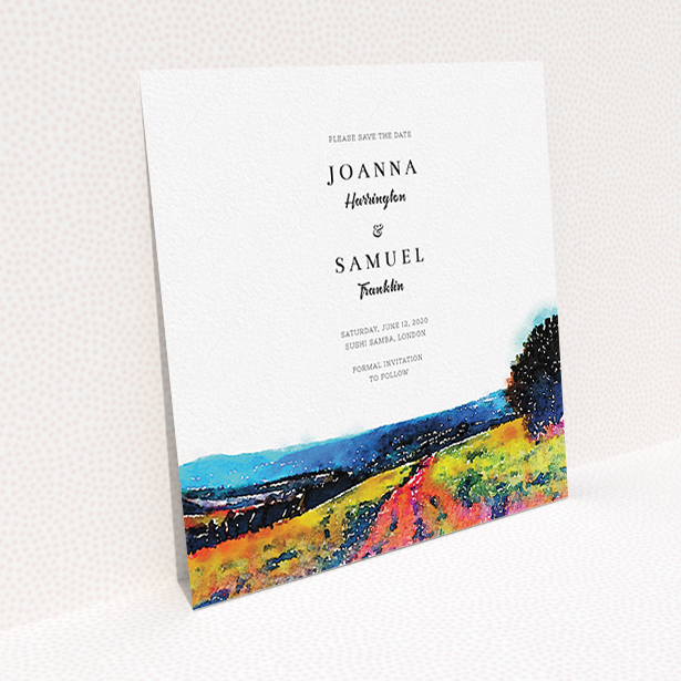 A wedding save the date card template titled "Country Road". It is a square (148mm x 148mm) card in a square orientation. "Country Road" is available as a flat card, with tones of white, orange and light blue.