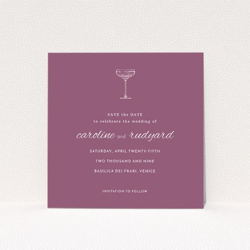 Wedding Save The Date Card Design - "Coupe" A wedding save the date card design called "Coupe". It is a square (148mm x 148mm) card in a square orientation. "Coupe" is available as a flat card, with tones of burgundy and white.