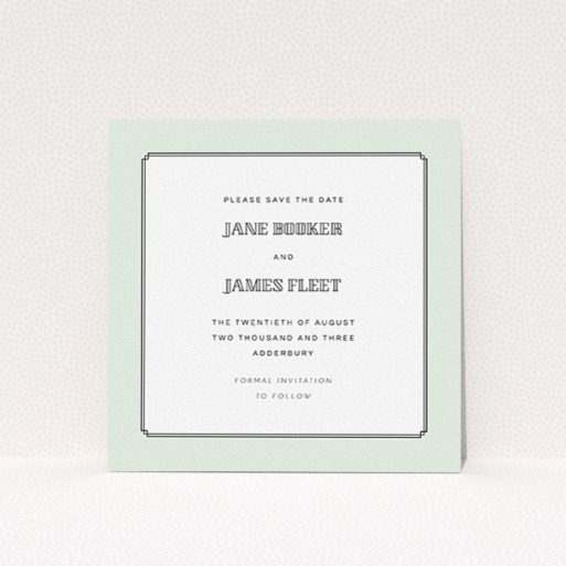 Wedding Save The Date Card Design - "Deco mint" A wedding save the date card design called "Deco mint". It is a square (148mm x 148mm) card in a square orientation. "Deco mint" is available as a flat card, with tones of green and white.