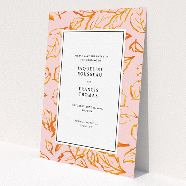 A wedding save the date card template titled "Falling Foliage". It is an A6 card in a portrait orientation. "Falling Foliage" is available as a flat card, with tones of pink and orange.