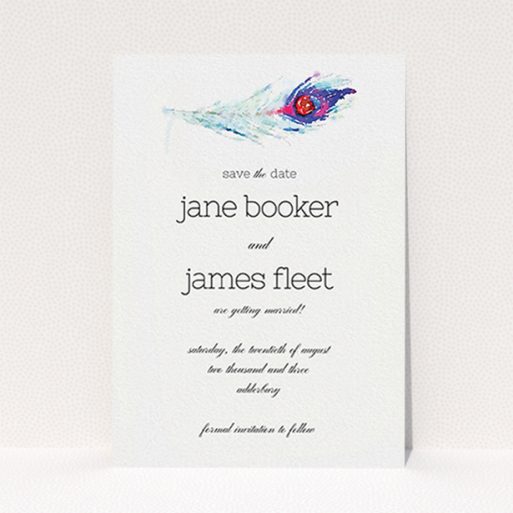 Wedding Save The Date Card Design - "Feather in the corner" A wedding save the date card design titled "Feather in the corner". It is an A6 card in a portrait orientation. "Feather in the corner" is available as a flat card, with mainly white colouring.