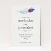 A wedding save the date card design titled "Feather in the corner". It is an A6 card in a portrait orientation. "Feather in the corner" is available as a flat card, with mainly white colouring.