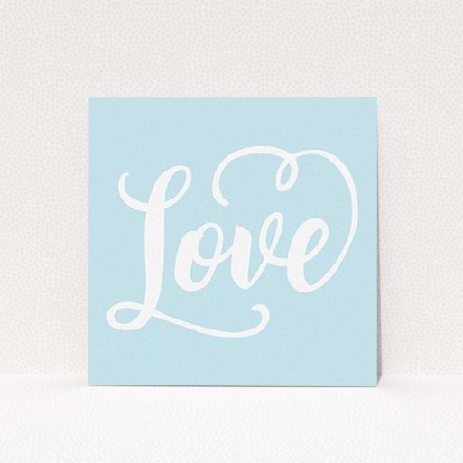 Wedding Save The Date Card Design - "Folded Typography" A wedding save the date card called "Folded Typography". It is a square (148mm x 148mm) card in a square orientation. "Folded Typography" is available as a flat card, with tones of blue and white.