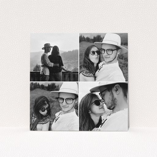 Wedding Save The Date Card Design - "Four Squares Divided" A wedding save the date card named "Four Squares Divided". It is a square (148mm x 148mm) card in a square orientation. It is a photographic wedding save the date card with room for 4 photos. "Four Squares Divided" is available as a flat card, with mainly white colouring.