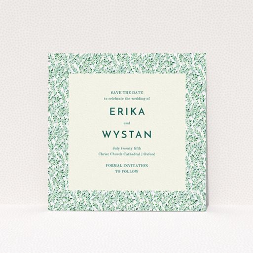 Wedding Save The Date Card Design - "From the hedge" A wedding save the date card design named "From the hedge". It is a square (148mm x 148mm) card in a square orientation. "From the hedge" is available as a flat card, with mainly green colouring.