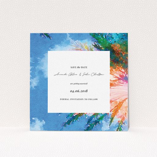 Wedding Save The Date Card Design - "From the Sunbed" A wedding save the date card design titled "From the Sunbed". It is a square (148mm x 148mm) card in a square orientation. "From the Sunbed" is available as a flat card, with tones of sky blue and green.