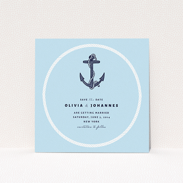 A wedding save the date card design named "Full knot". It is a square (148mm x 148mm) card in a square orientation. "Full knot" is available as a flat card, with tones of blue and white.