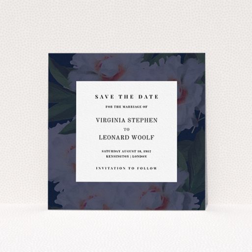 Wedding Save The Date Card Design - "Garden at night" A wedding save the date card template titled "Garden at night". It is a square (148mm x 148mm) card in a square orientation. "Garden at night" is available as a flat card, with mainly navy blue colouring.