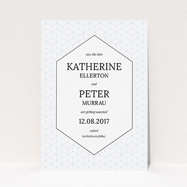 A wedding save the date card named "Geometric grid". It is an A6 card in a portrait orientation. "Geometric grid" is available as a flat card, with tones of blue and white.