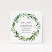 A wedding save the date card design named "Greek Wreath". It is a square (148mm x 148mm) card in a square orientation. "Greek Wreath" is available as a flat card, with tones of blue and green.