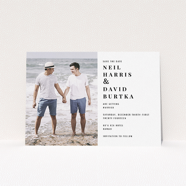 A wedding save the date card called "Half full". It is an A5 card in a landscape orientation. It is a photographic wedding save the date card with room for 1 photo. "Half full" is available as a flat card, with mainly white colouring.