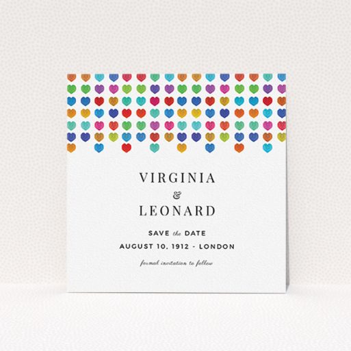 Wedding Save The Date Card Design - "Heart cascade" A wedding save the date card design called "Heart cascade". It is a square (148mm x 148mm) card in a square orientation. "Heart cascade" is available as a flat card, with tones of white, orange and red.