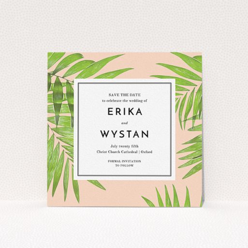 Wedding Save The Date Card Design - "In the courtyard" A wedding save the date card called "In the courtyard". It is a square (148mm x 148mm) card in a square orientation. "In the courtyard" is available as a flat card, with tones of green and pink.