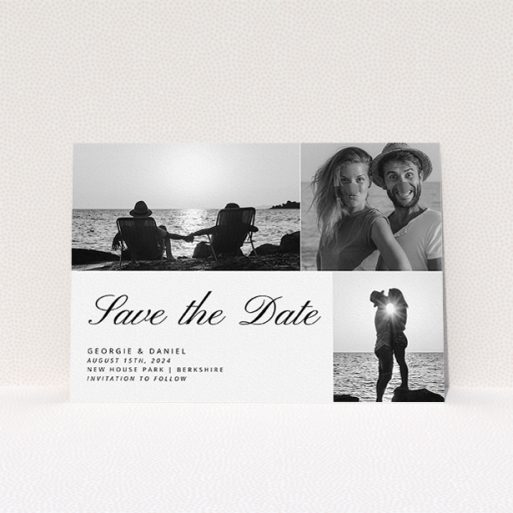 Wedding Save The Date Card Design - "Italicised" A wedding save the date card design named "Italicised". It is an A5 card in a landscape orientation. It is a photographic wedding save the date card with room for 3 photos. "Italicised" is available as a flat card, with mainly white colouring.