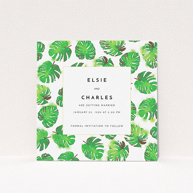 A wedding save the date card template titled "Jungle Sky". It is a square (148mm x 148mm) card in a square orientation. "Jungle Sky" is available as a flat card, with tones of green and white.