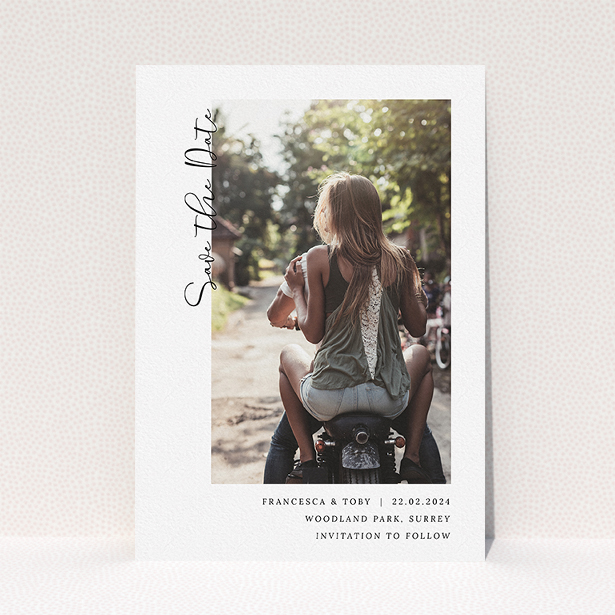 A wedding save the date card design named "Koh Tao". It is an A5 card in a portrait orientation. It is a photographic wedding save the date card with room for 1 photo. "Koh Tao" is available as a flat card, with mainly white colouring.