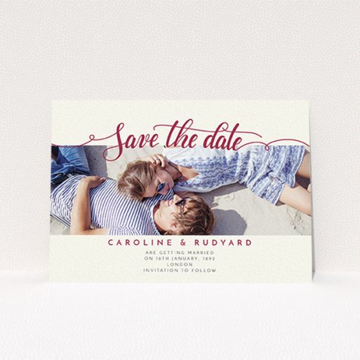 Wedding Save The Date Card Design - "Landscape Curly Typography" A wedding save the date card design called "Landscape Curly Typography". It is an A6 card in a landscape orientation. It is a photographic wedding save the date card with room for 1 photo. "Landscape Curly Typography" is available as a flat card, with tones of pale cream and red.