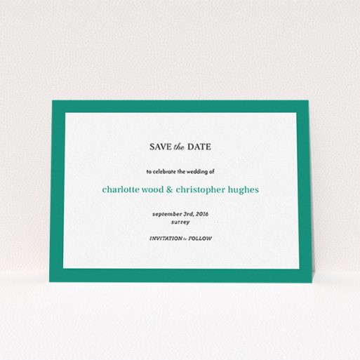 Wedding Save The Date Card - Laydown Simple (Green) A wedding save the date card called "Laydown simple". It is an A6 card in a landscape orientation. "Laydown simple" is available as a flat card, with tones of green and white.