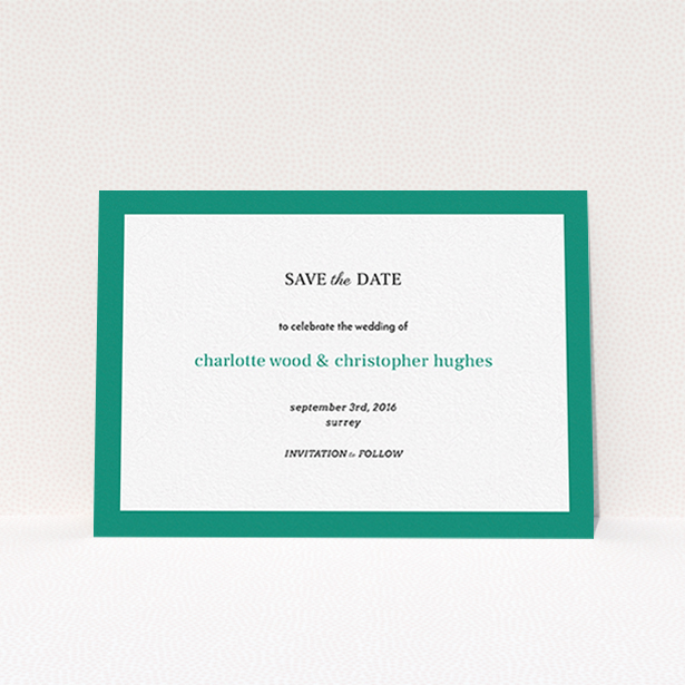 A wedding save the date card called "Laydown simple". It is an A6 card in a landscape orientation. "Laydown simple" is available as a flat card, with tones of green and white.