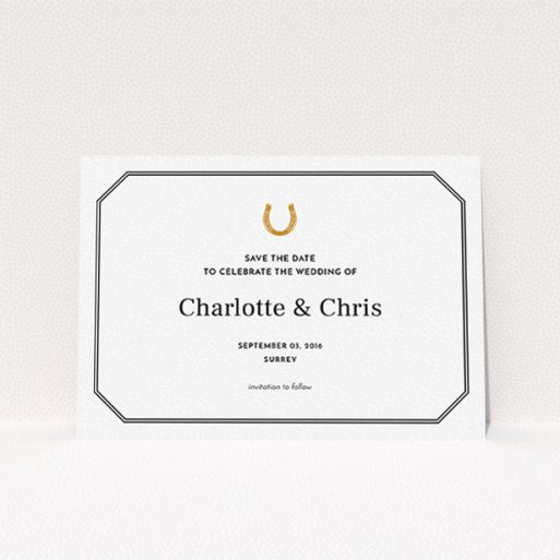 Wedding Save The Date Card - Lucky Horse Shoe (Black) A wedding save the date card template titled "Lucky horse shoe". It is an A6 card in a landscape orientation. "Lucky horse shoe" is available as a flat card, with tones of black and white.
