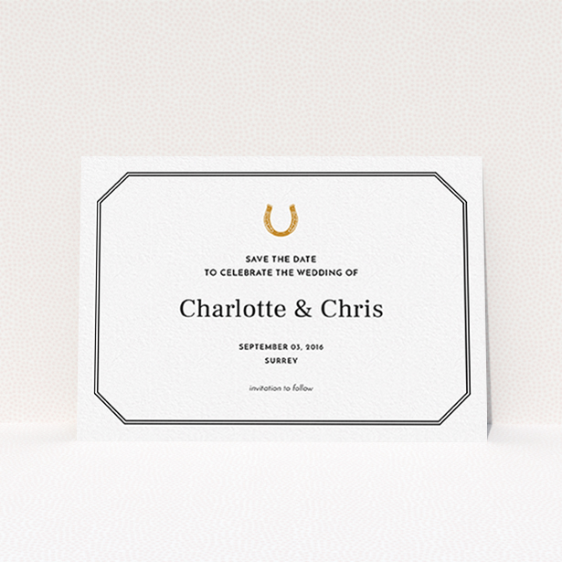 A wedding save the date card template titled "Lucky horse shoe". It is an A6 card in a landscape orientation. "Lucky horse shoe" is available as a flat card, with tones of black and white.