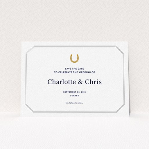 Wedding Save The Date Card - Lucky Horse Shoe (Grey) A wedding save the date card named "Lucky horse shoe". It is an A6 card in a landscape orientation. "Lucky horse shoe" is available as a flat card, with tones of white and grey.