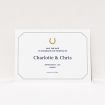 A wedding save the date card named "Lucky horse shoe". It is an A6 card in a landscape orientation. "Lucky horse shoe" is available as a flat card, with tones of white and grey.