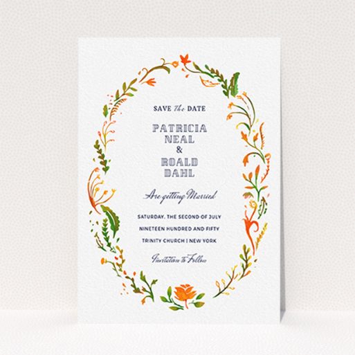 Wedding Save The Date Card Design - "Midsummer Wreath" A wedding save the date card named "Midsummer Wreath". It is an A6 card in a portrait orientation. "Midsummer Wreath" is available as a flat card, with tones of orange, green and yellow.