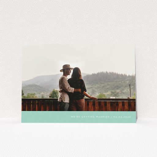 Wedding Save The Date Card Design - "Mint Bottom Simple" A wedding save the date card called "Mint Bottom Simple". It is an A5 card in a landscape orientation. It is a photographic wedding save the date card with room for 1 photo. "Mint Bottom Simple" is available as a flat card, with tones of green and white.