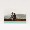 A wedding save the date card called "Mint Bottom Simple". It is an A5 card in a landscape orientation. It is a photographic wedding save the date card with room for 1 photo. "Mint Bottom Simple" is available as a flat card, with tones of green and white.