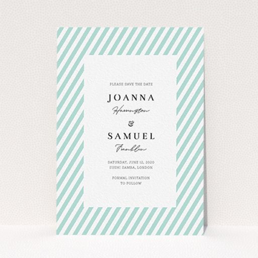 Wedding Save The Date Card Design - "Mint Diagonals" A wedding save the date card called "Mint Diagonals". It is an A6 card in a portrait orientation. "Mint Diagonals" is available as a flat card, with tones of green and white.
