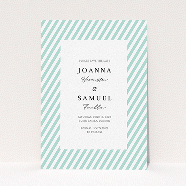 A wedding save the date card called "Mint Diagonals". It is an A6 card in a portrait orientation. "Mint Diagonals" is available as a flat card, with tones of green and white.