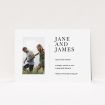 A wedding save the date card design called "Modern postcard". It is an A5 card in a landscape orientation. It is a photographic wedding save the date card with room for 1 photo. "Modern postcard" is available as a flat card, with mainly white colouring.