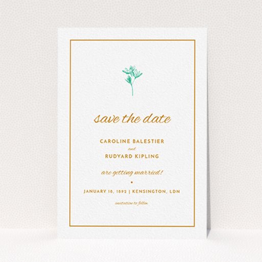 Wedding Save The Date Card - My Little Daisy (Orange) A wedding save the date card design titled "My little daisy". It is an A6 card in a portrait orientation. "My little daisy" is available as a flat card, with tones of white and green.