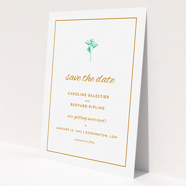 A wedding save the date card design titled "My little daisy". It is an A6 card in a portrait orientation. "My little daisy" is available as a flat card, with tones of white and green.